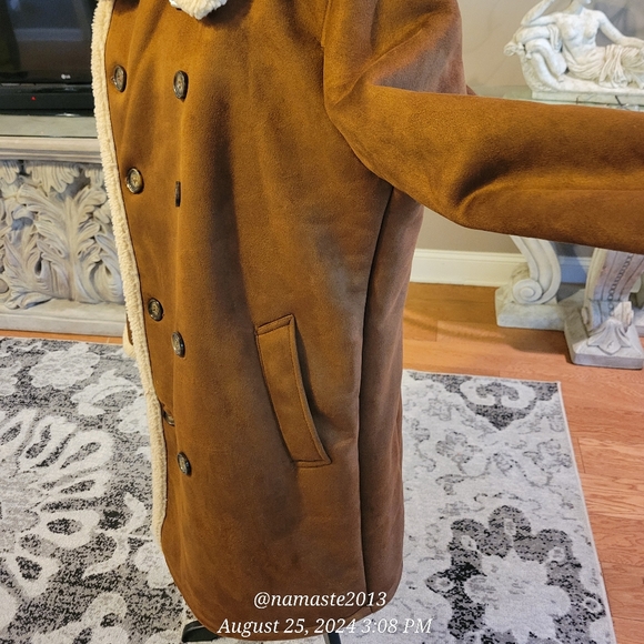 Guess Mens Double-Breasted Faux Shearling Long Coat Faux Suede Faux Fur #678 - Picture 14 of 16
